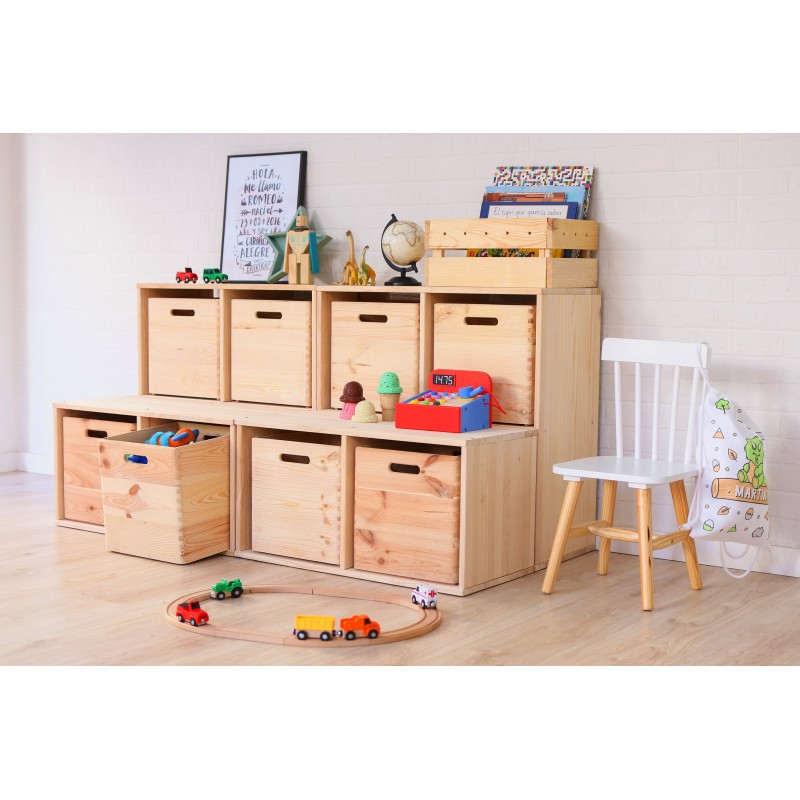 Dynamisches modulares Regal mit 4 Kiefer-Holzwürfeln