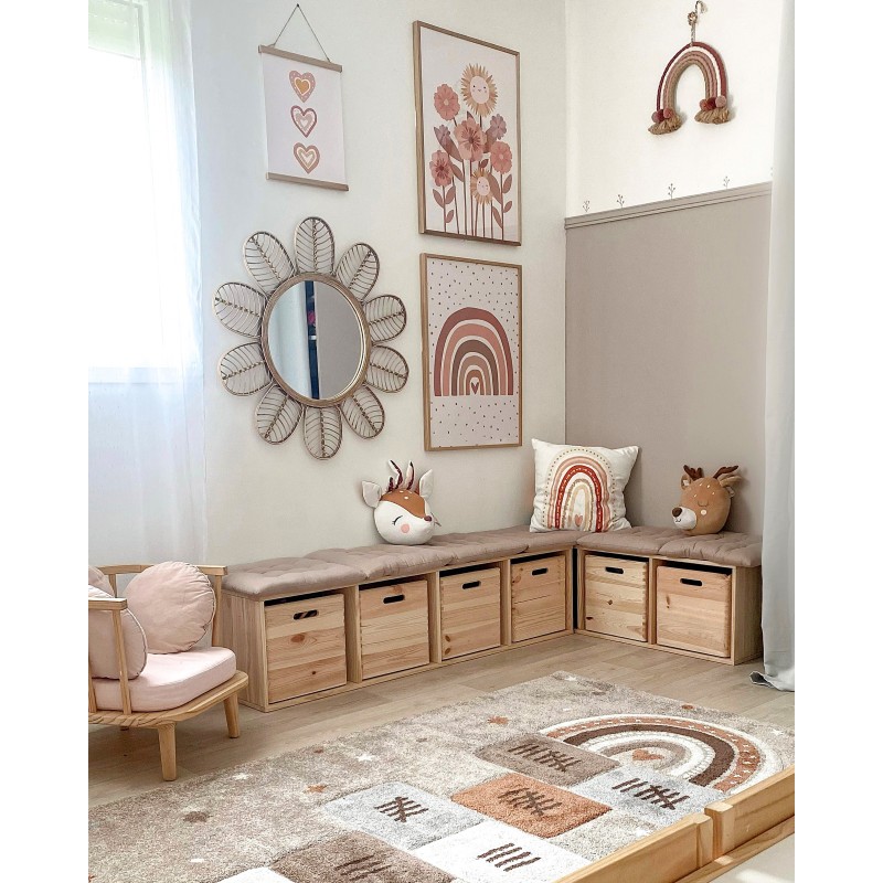 Dynamisches modulares Regal mit 4 Kiefer-Holzwürfeln