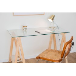 Tabelle mit Glasbrett und Holzbein-Ankermodell