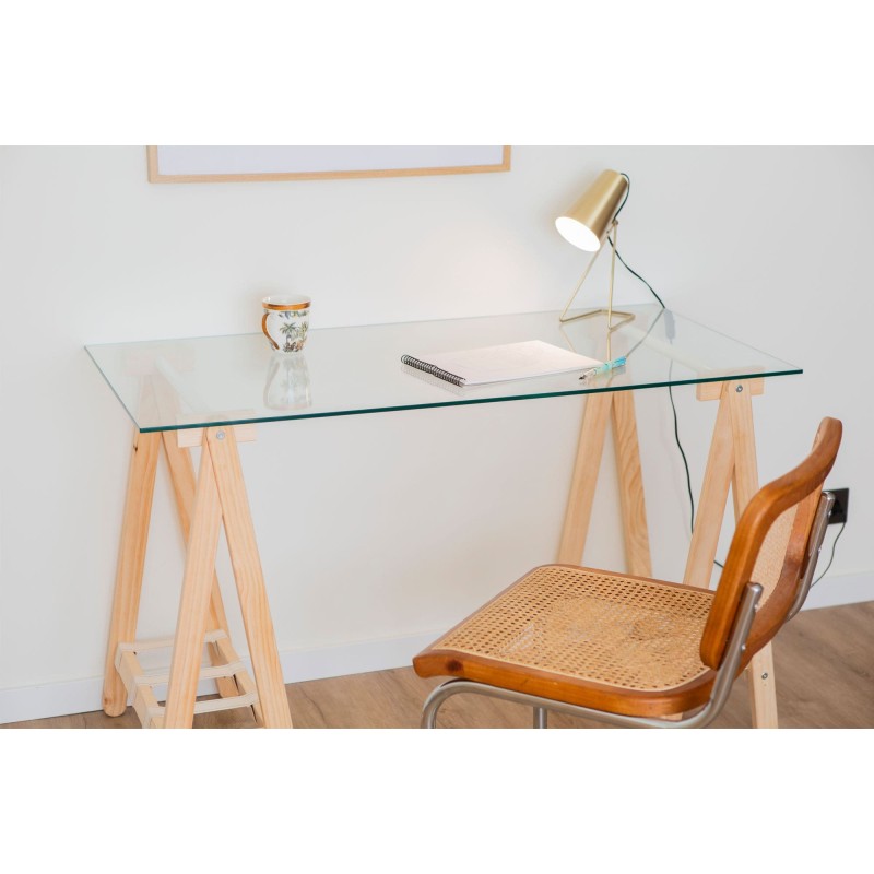 Tabelle mit Glasbrett und Holzbein-Ankermodell
